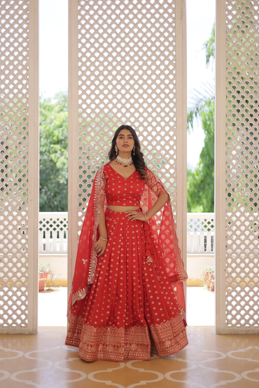 Lorenvalley Red Pure Viscose Jacquard with Double Zari work Lehenga Choli