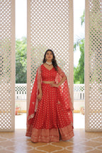 Lorenvalley Red Pure Viscose Jacquard with Double Zari work Lehenga Choli