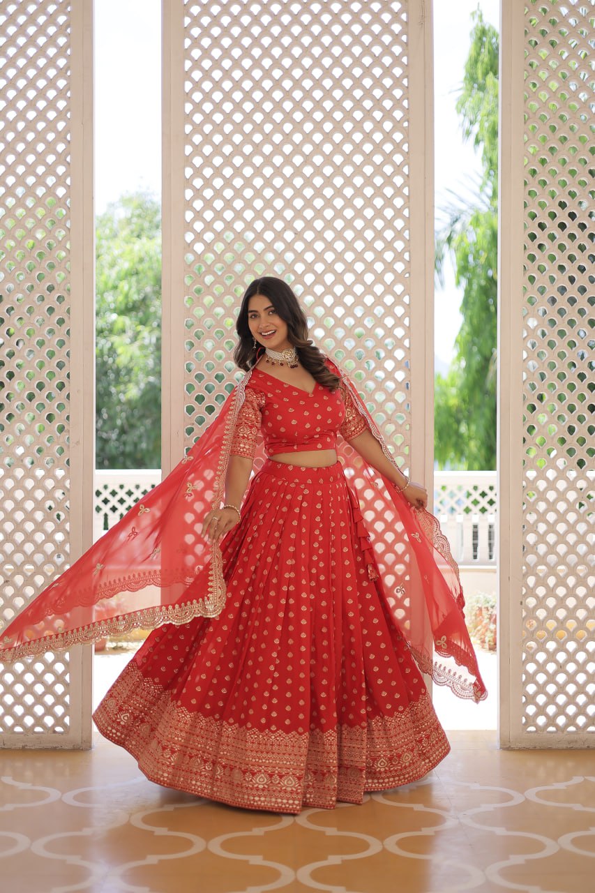 Lorenvalley Red Pure Viscose Jacquard with Double Zari work Lehenga Choli