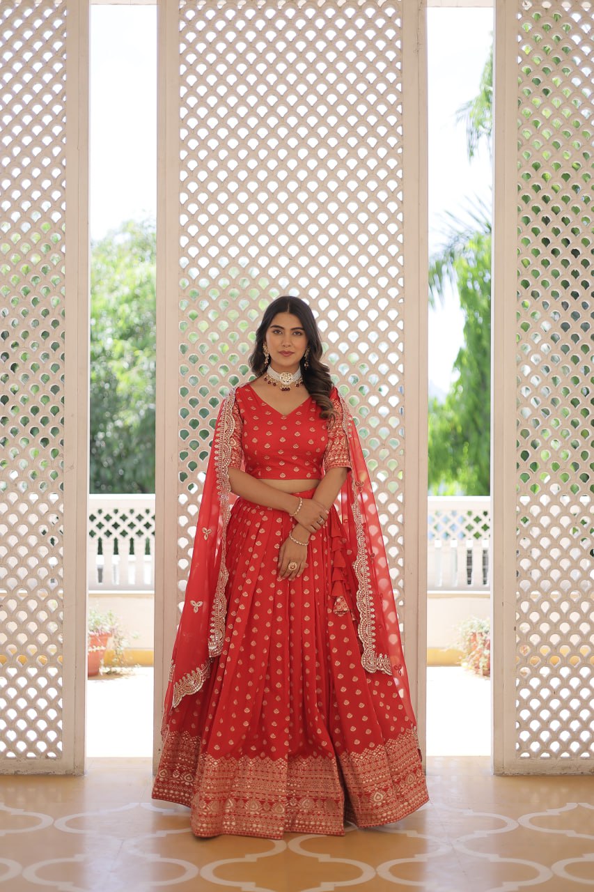 Lorenvalley Red Pure Viscose Jacquard with Double Zari work Lehenga Choli