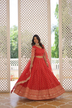 Lorenvalley Red Pure Viscose Jacquard with Double Zari work Lehenga Choli