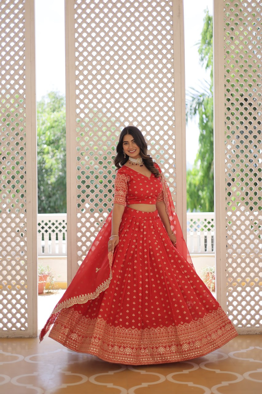 Lorenvalley Red Pure Viscose Jacquard with Double Zari work Lehenga Choli