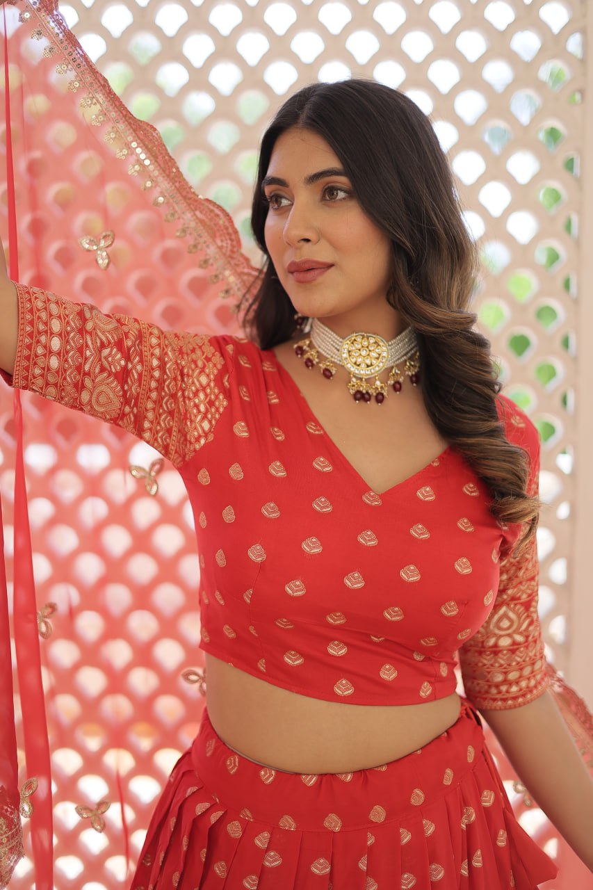 Lorenvalley Red Pure Viscose Jacquard with Double Zari work Lehenga Choli