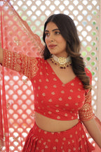 Lorenvalley Red Pure Viscose Jacquard with Double Zari work Lehenga Choli