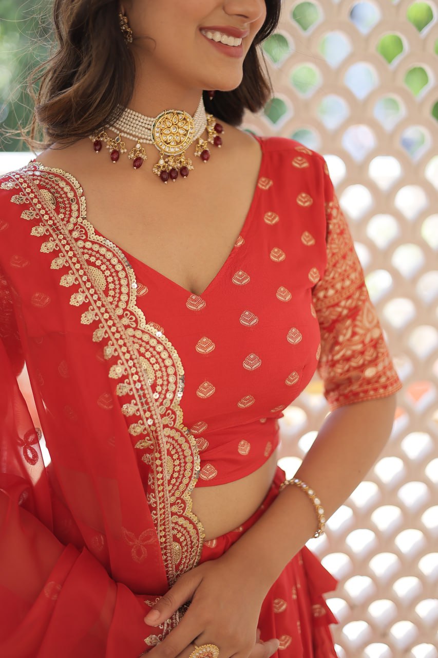 Lorenvalley Red Pure Viscose Jacquard with Double Zari work Lehenga Choli