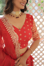 Lorenvalley Red Pure Viscose Jacquard with Double Zari work Lehenga Choli