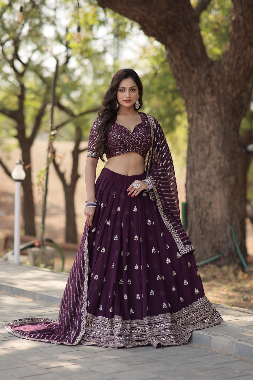 Lorenvalley Purple Faux Blooming Georgette with Sequins & Thread Embroidered work Lehenga Choli