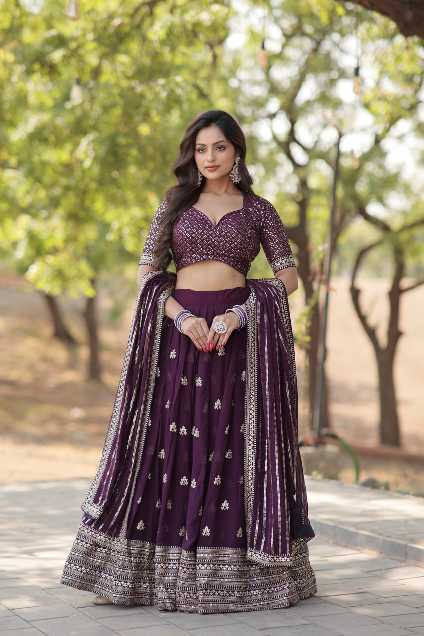 Lorenvalley Purple Faux Blooming Georgette with Sequins & Thread Embroidered work Lehenga Choli
