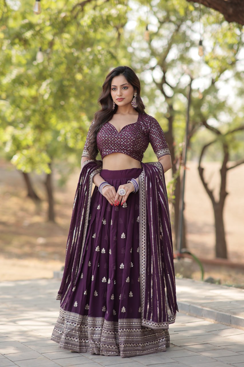 Lorenvalley Purple Faux Blooming Georgette with Sequins & Thread Embroidered work Lehenga Choli