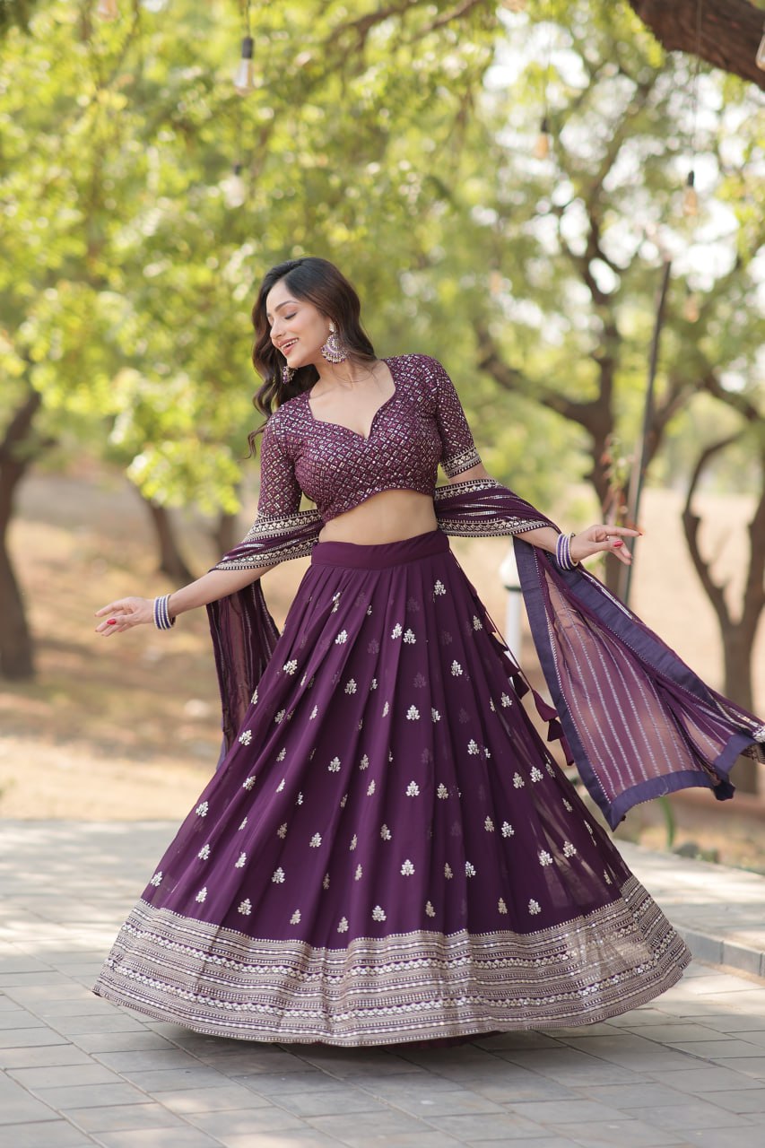Lorenvalley Purple Faux Blooming Georgette with Sequins & Thread Embroidered work Lehenga Choli