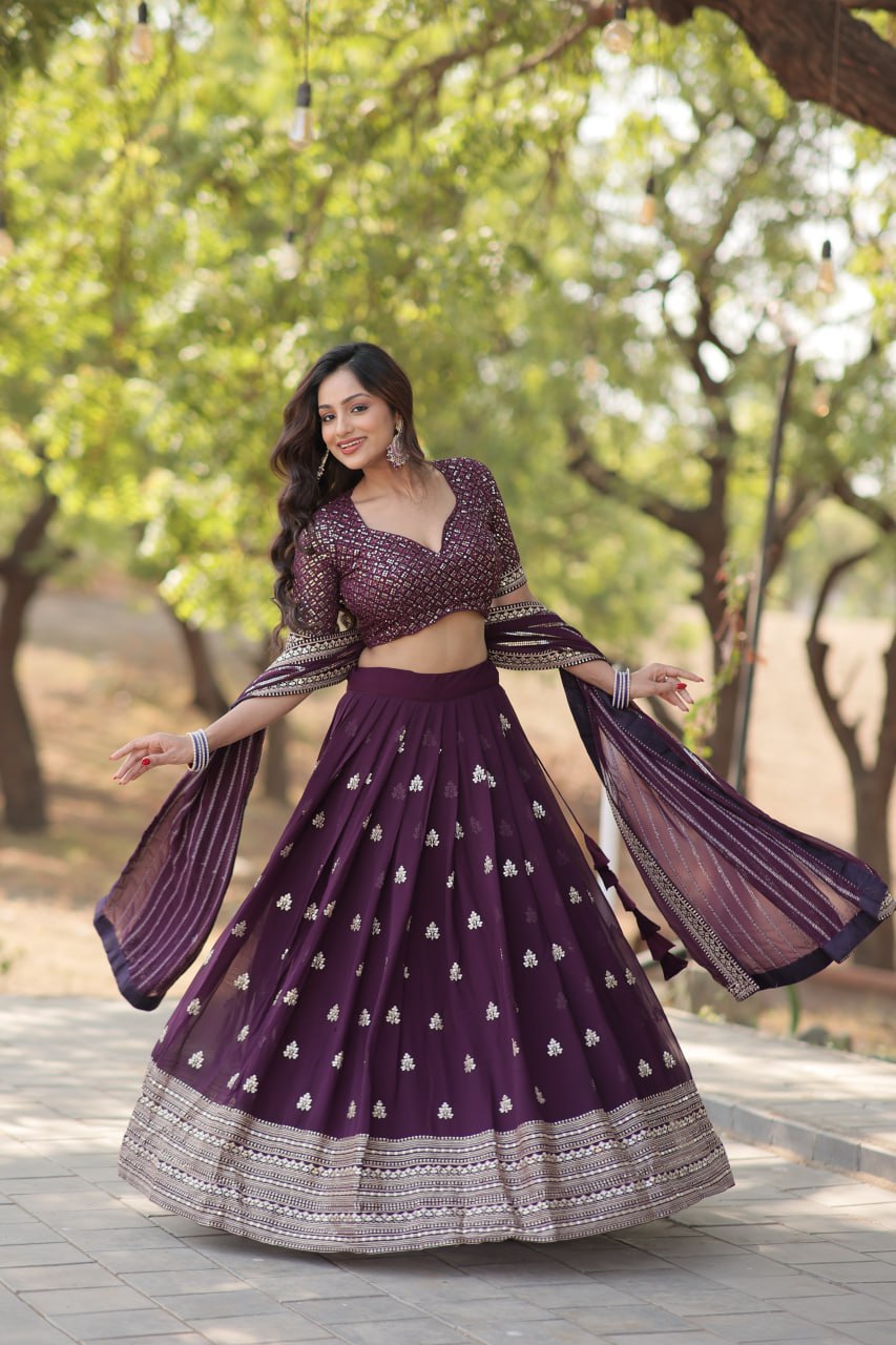 Lorenvalley Purple Faux Blooming Georgette with Sequins & Thread Embroidered work Lehenga Choli