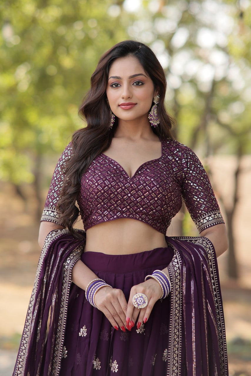 Lorenvalley Purple Faux Blooming Georgette with Sequins & Thread Embroidered work Lehenga Choli