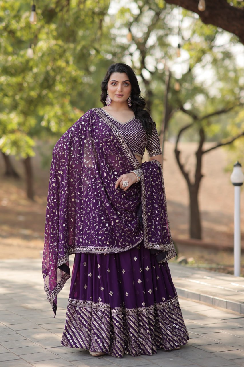 Lorenvalley Purple Faux Blooming Georgette with Sequins & Thread Embroidered work Lehenga Choli