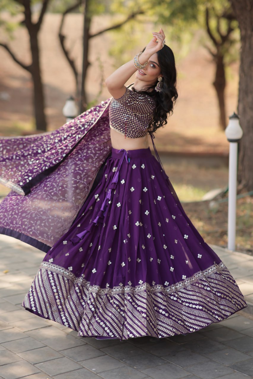 Lorenvalley Purple Faux Blooming Georgette with Sequins & Thread Embroidered work Lehenga Choli