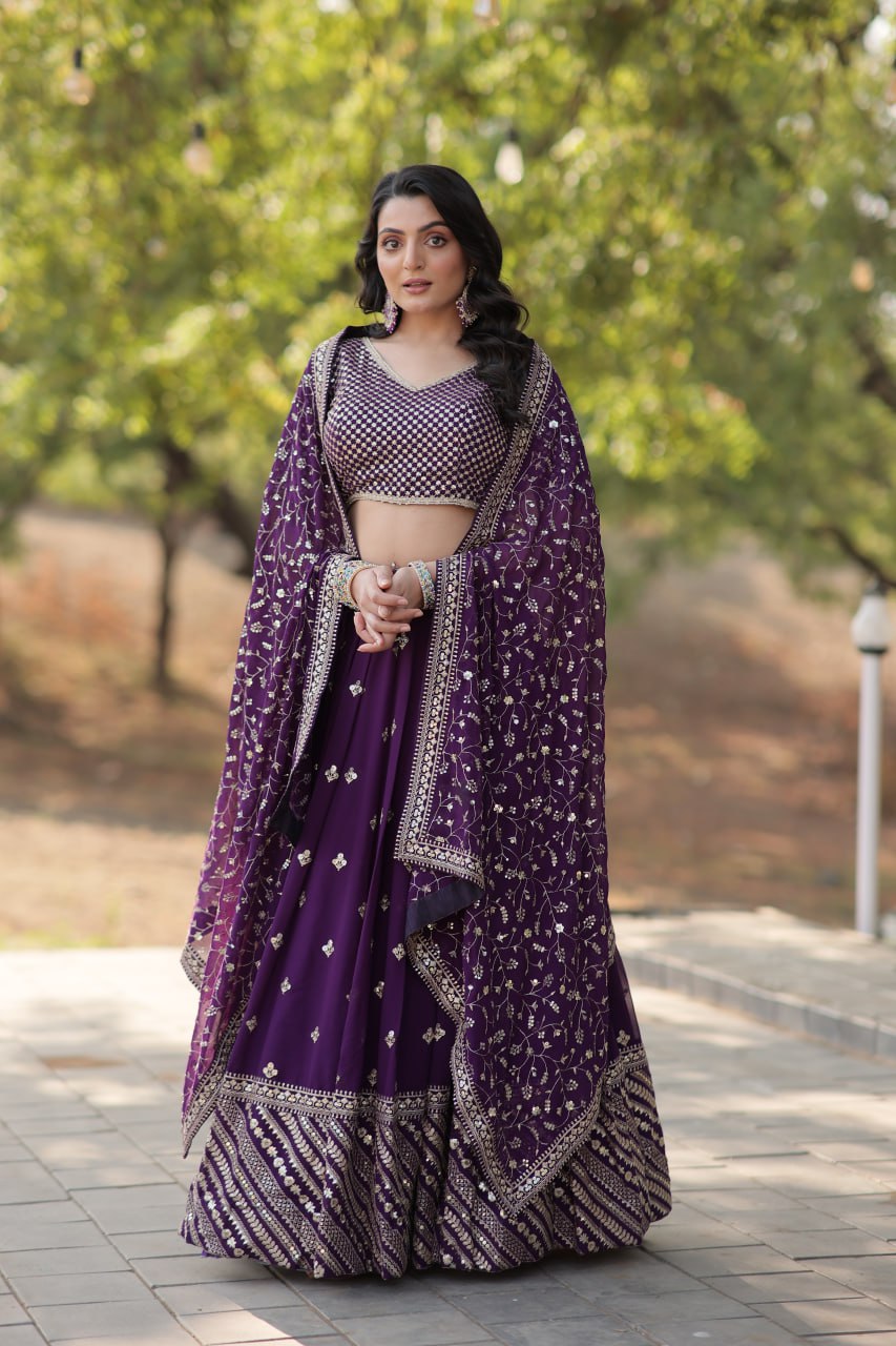 Lorenvalley Purple Faux Blooming Georgette with Sequins & Thread Embroidered work Lehenga Choli