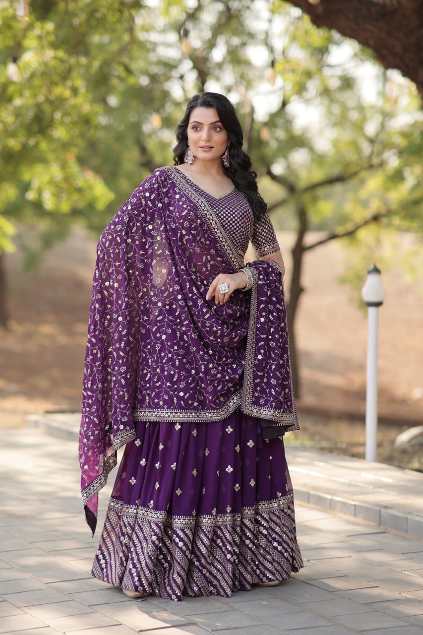Lorenvalley Purple Faux Blooming Georgette with Sequins & Thread Embroidered work Lehenga Choli