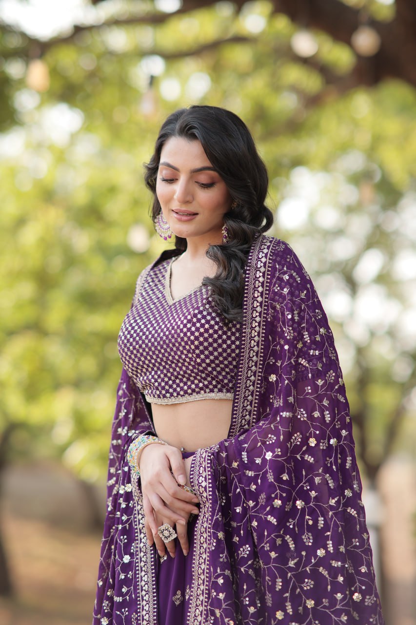 Lorenvalley Purple Faux Blooming Georgette with Sequins & Thread Embroidered work Lehenga Choli