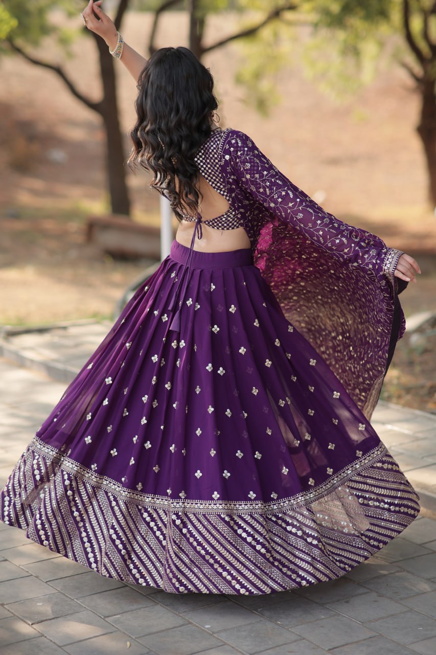 Lorenvalley Purple Faux Blooming Georgette with Sequins & Thread Embroidered work Lehenga Choli