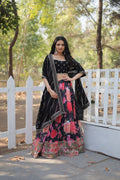 Lorenvalley Black Faux Georgette Digital Printed with Sequins & Thread Embroidered work Lehenga Choli