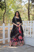 Lorenvalley Black Faux Georgette Digital Printed with Sequins & Thread Embroidered work Lehenga Choli