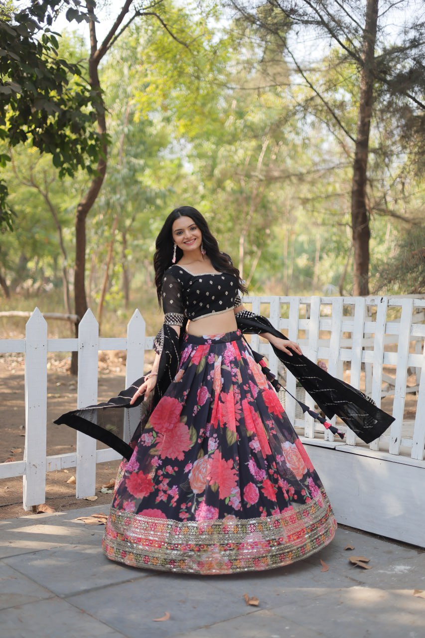 Lorenvalley Black Faux Georgette Digital Printed with Sequins & Thread Embroidered work Lehenga Choli