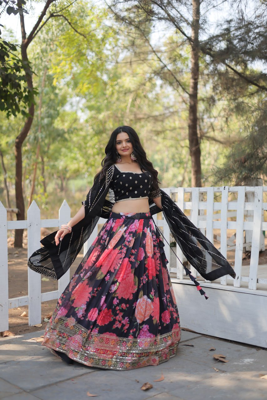 Lorenvalley Black Faux Georgette Digital Printed with Sequins & Thread Embroidered work Lehenga Choli