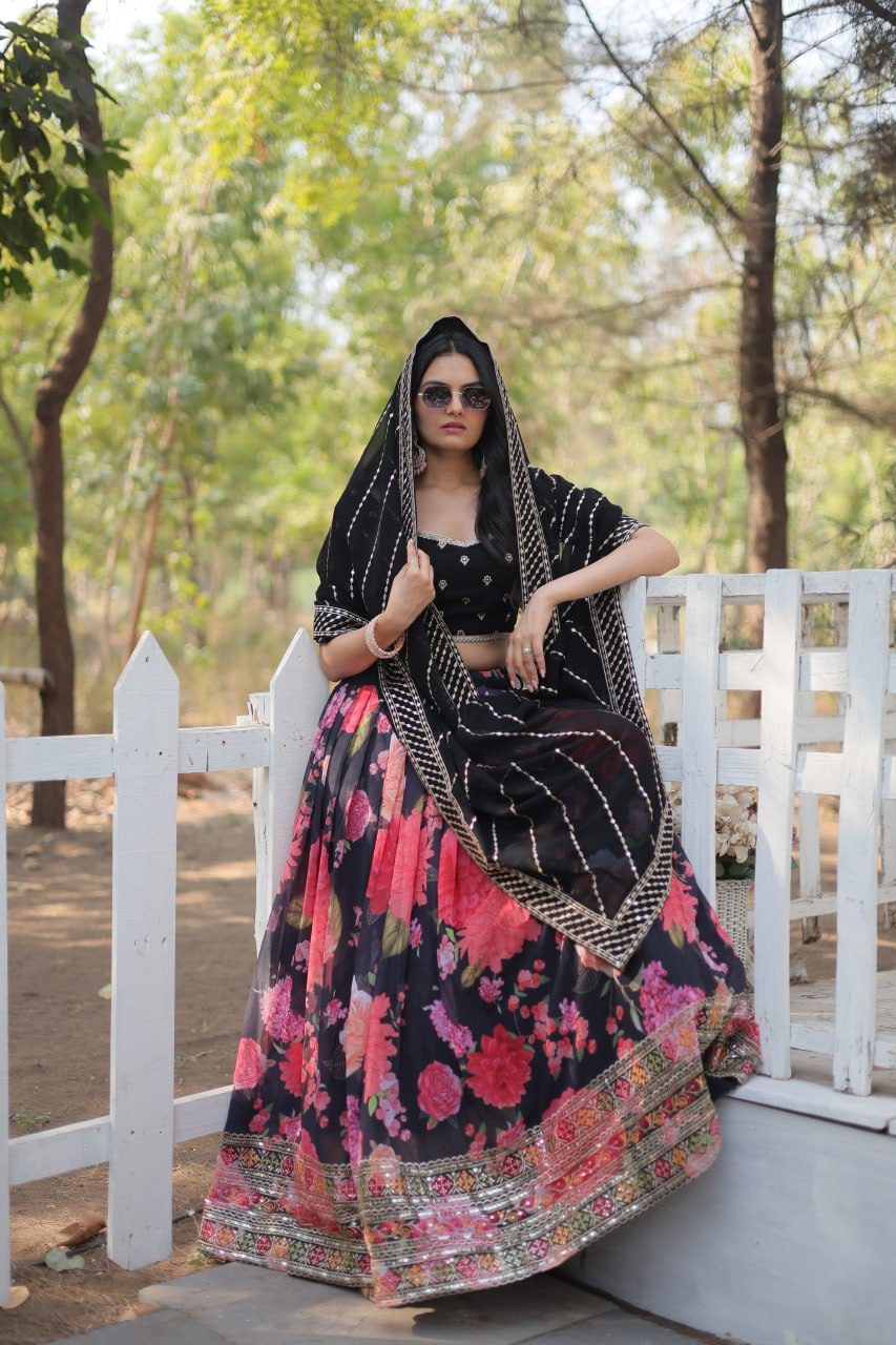 Lorenvalley Black Faux Georgette Digital Printed with Sequins & Thread Embroidered work Lehenga Choli