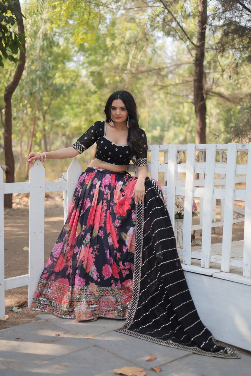 Lorenvalley Black Faux Georgette Digital Printed with Sequins & Thread Embroidered work Lehenga Choli