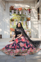Lorenvalley Black Faux Georgette Digital Printed with Sequins & Thread Embroidered work Lehenga Choli