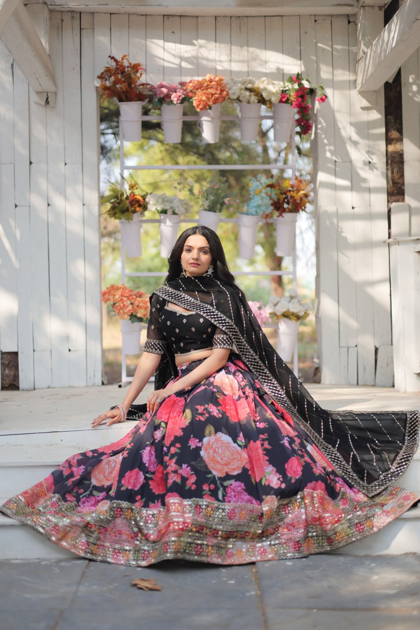 Lorenvalley Black Faux Georgette Digital Printed with Sequins & Thread Embroidered work Lehenga Choli