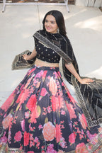 Lorenvalley Black Faux Georgette Digital Printed with Sequins & Thread Embroidered work Lehenga Choli