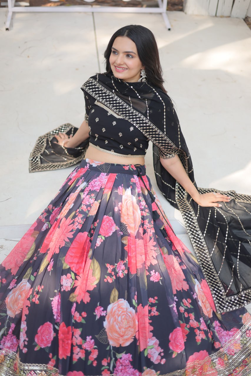 Lorenvalley Black Faux Georgette Digital Printed with Sequins & Thread Embroidered work Lehenga Choli