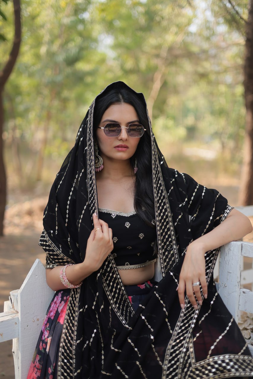 Lorenvalley Black Faux Georgette Digital Printed with Sequins & Thread Embroidered work Lehenga Choli