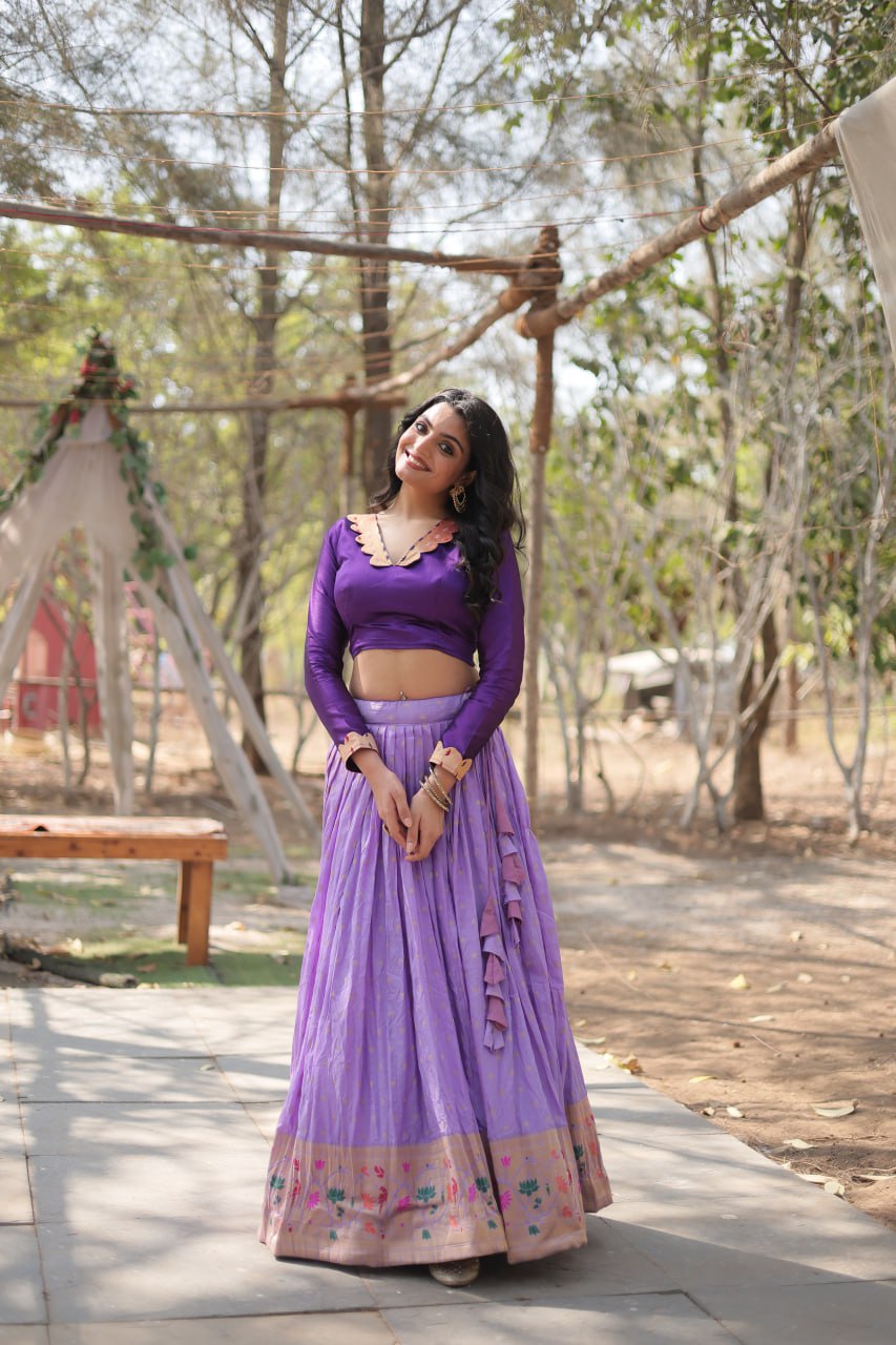Lorenvalley Lavender Pure Viscose Jacquard with Kalamkari Jari Border Lehenga Choli