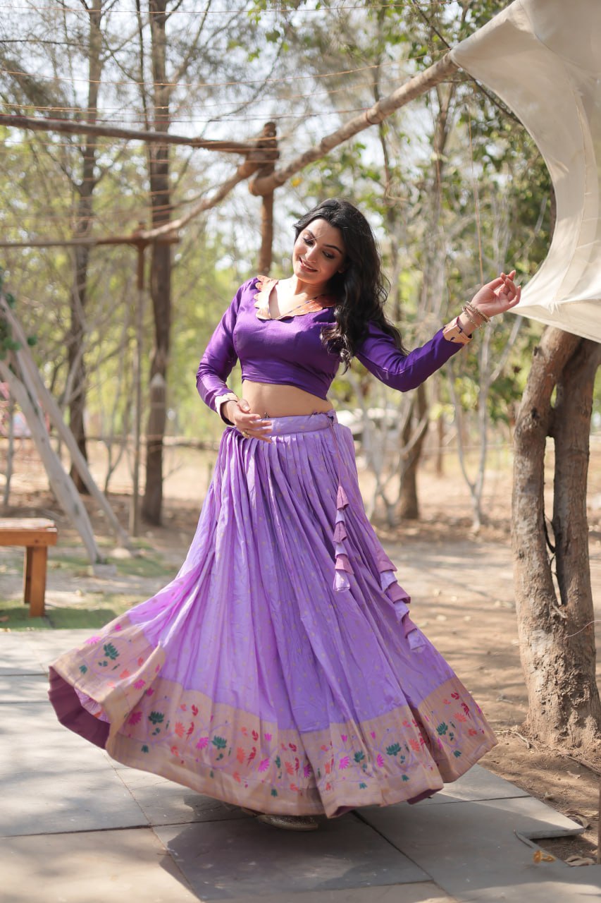 Lorenvalley Lavender Pure Viscose Jacquard with Kalamkari Jari Border Lehenga Choli