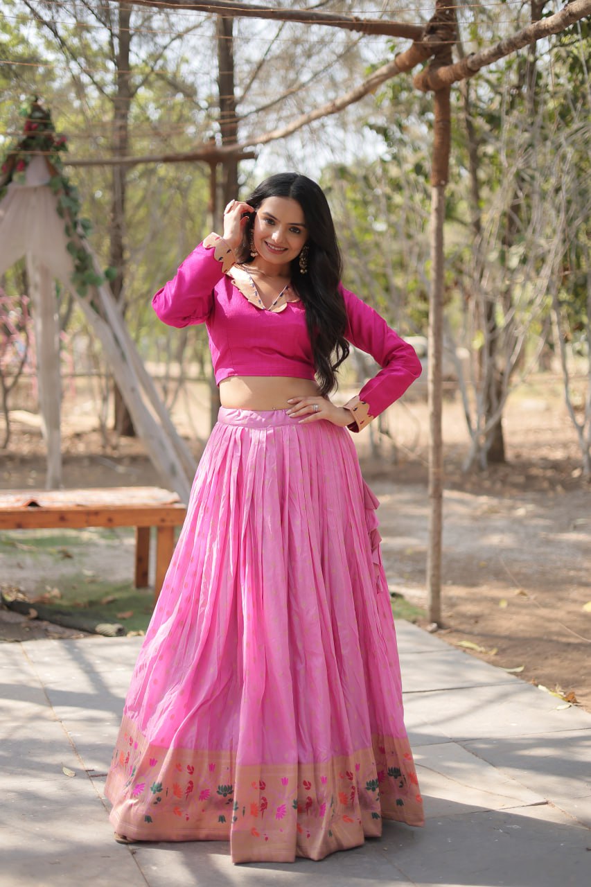 Lorenvalley Pink Pure Viscose Jacquard with Kalamkari Jari Border Lehenga Choli
