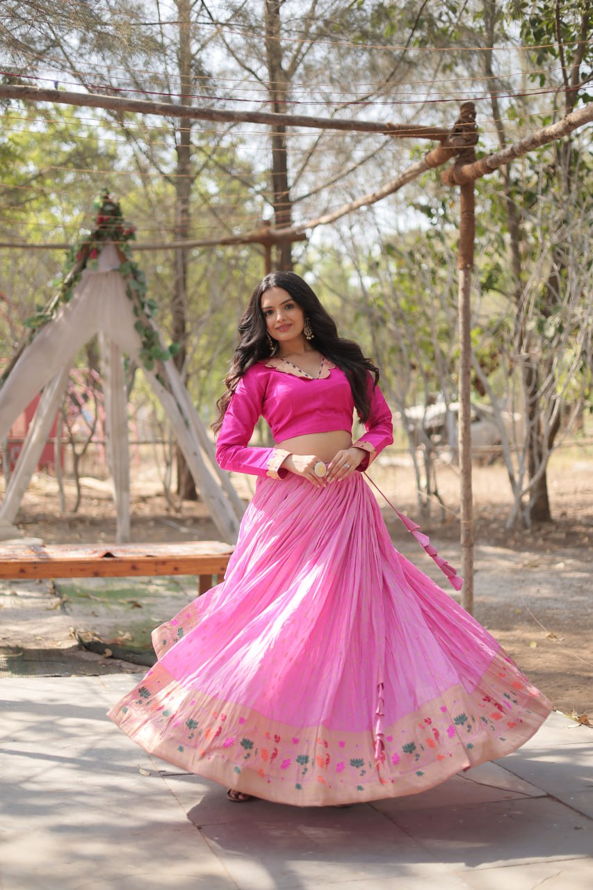 Lorenvalley Pink Pure Viscose Jacquard with Kalamkari Jari Border Lehenga Choli