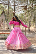 Lorenvalley Pink Pure Viscose Jacquard with Kalamkari Jari Border Lehenga Choli