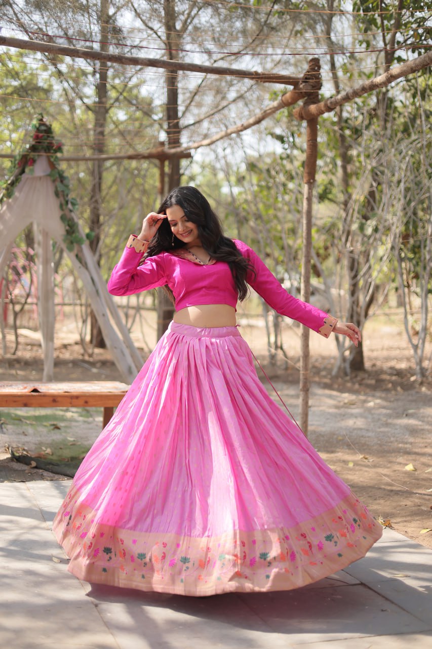 Lorenvalley Pink Pure Viscose Jacquard with Kalamkari Jari Border Lehenga Choli