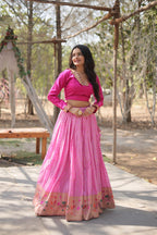 Lorenvalley Pink Pure Viscose Jacquard with Kalamkari Jari Border Lehenga Choli
