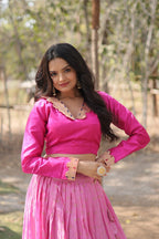 Lorenvalley Pink Pure Viscose Jacquard with Kalamkari Jari Border Lehenga Choli