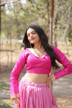 Lorenvalley Pink Pure Viscose Jacquard with Kalamkari Jari Border Lehenga Choli