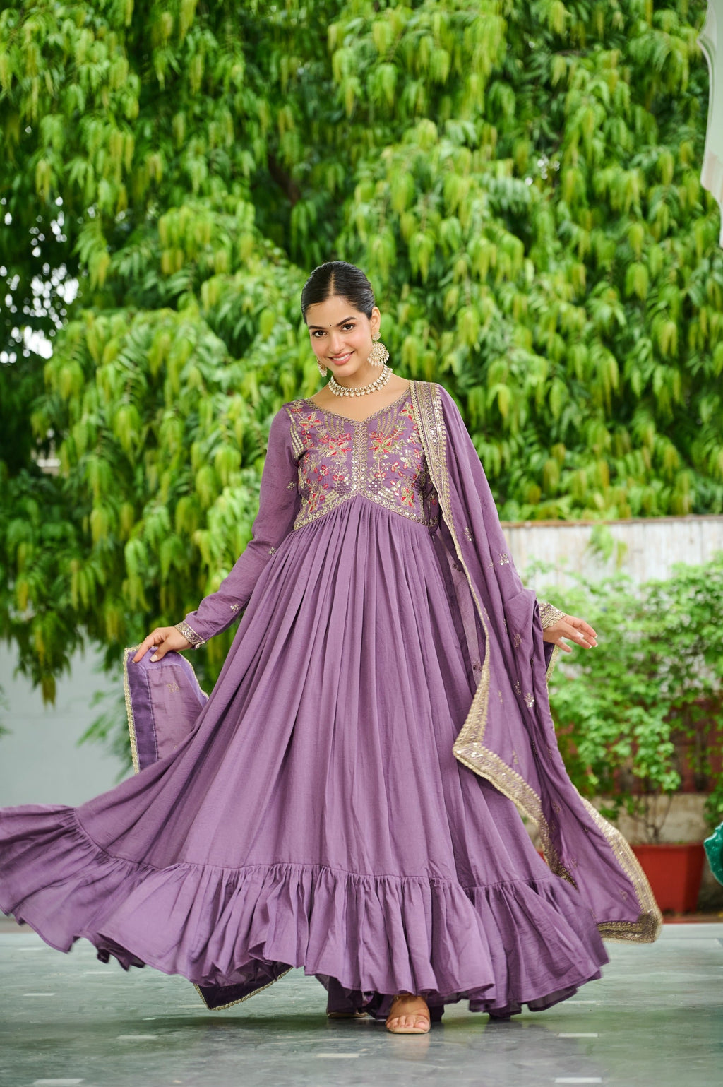 Evanik Designer Vichitra Silk with Rich Embroidered Zari & Thread Work Gown Dupatta - Distacart