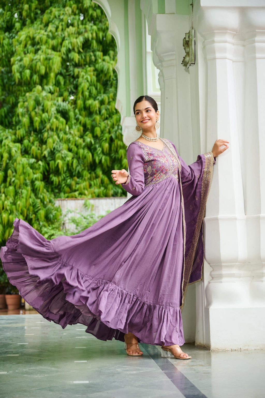 Evanik Designer Vichitra Silk with Rich Embroidered Zari & Thread Work Gown Dupatta - Distacart