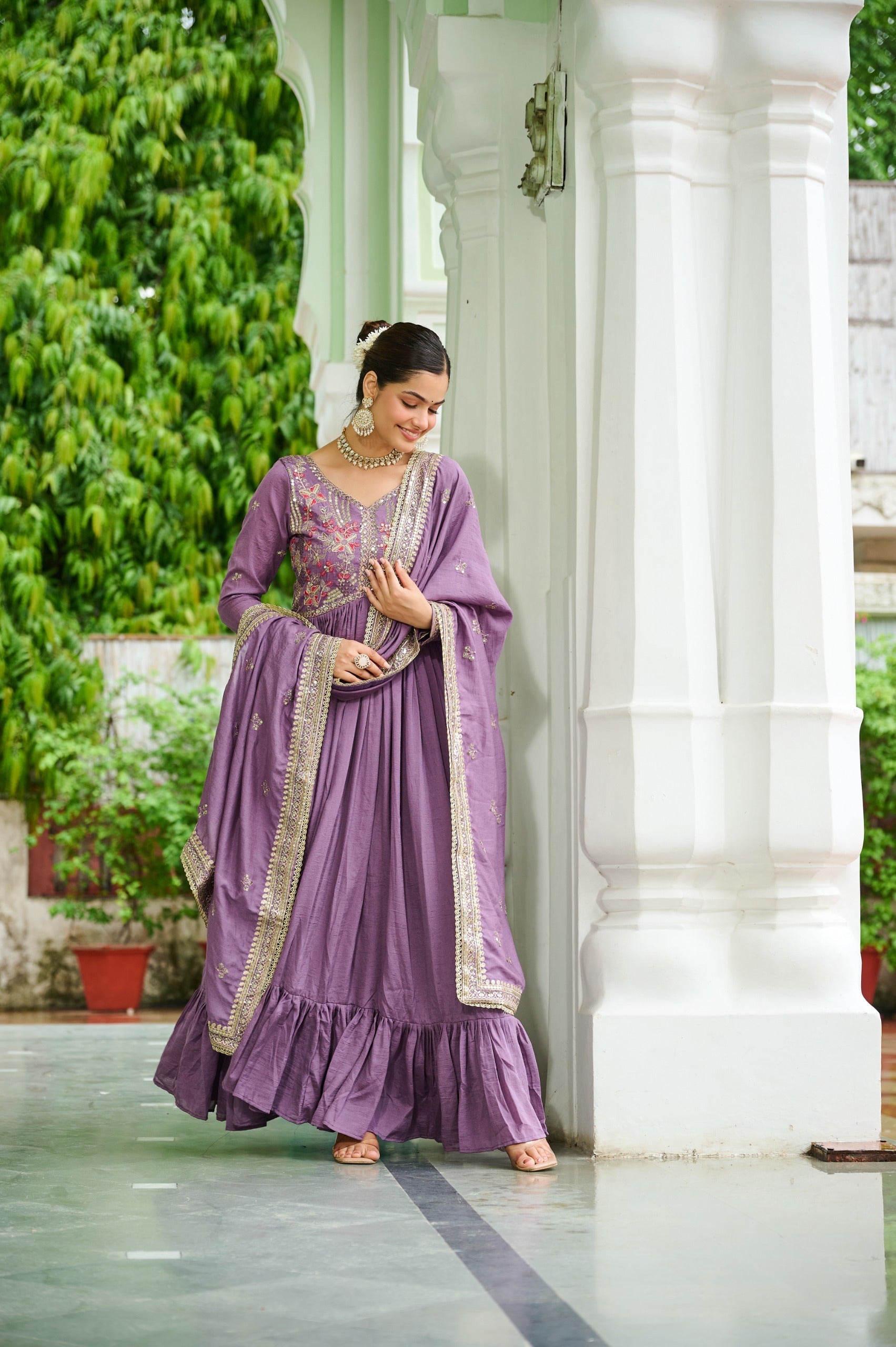 Evanik Designer Vichitra Silk with Rich Embroidered Zari & Thread Work Gown Dupatta - Distacart