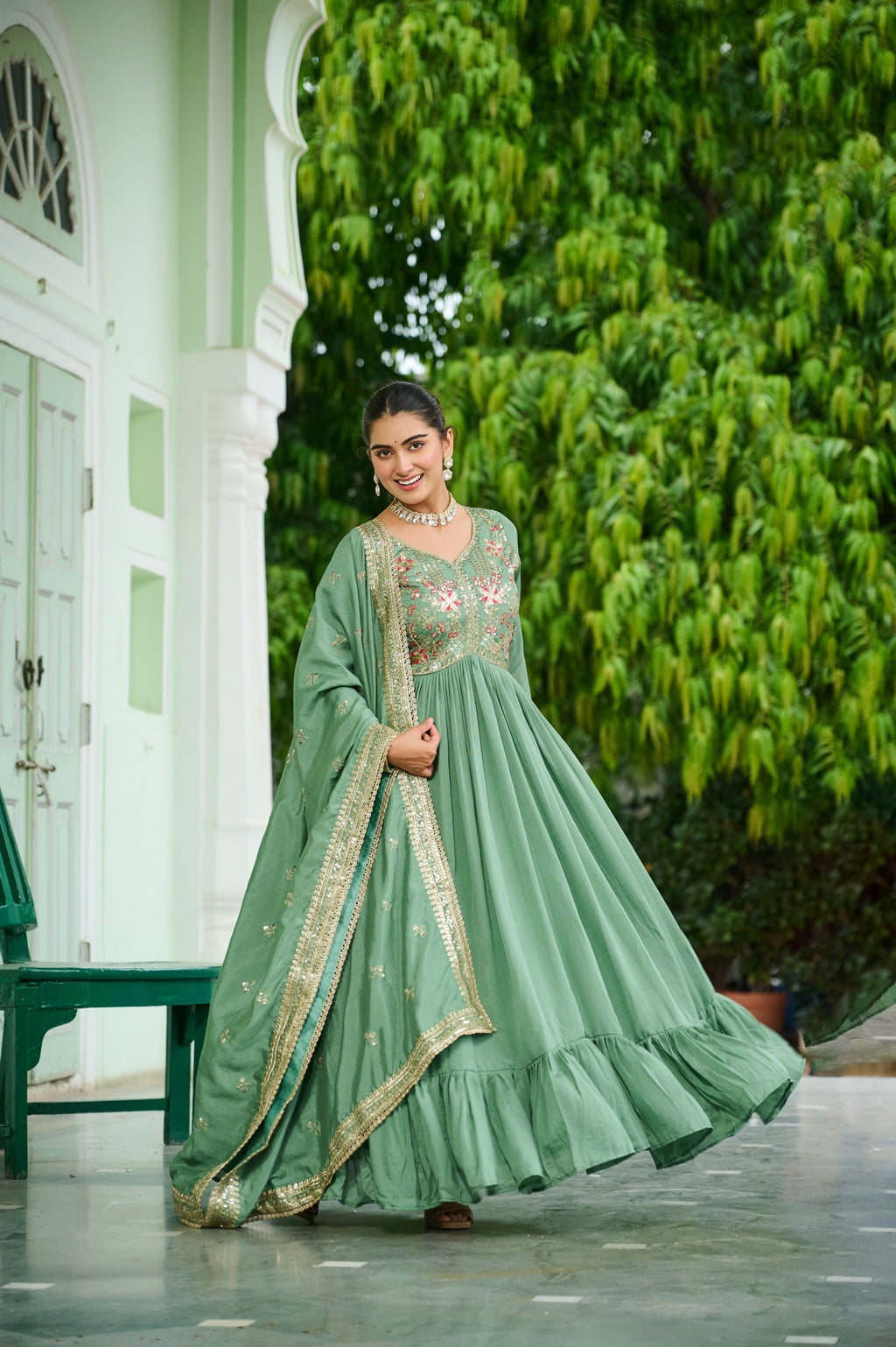 Evanik Designer Vichitra Silk with Rich Embroidered Zari & Thread Work Gown Dupatta - Distacart