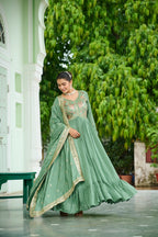 Evanik Designer Vichitra Silk with Rich Embroidered Zari & Thread Work Gown Dupatta - Distacart