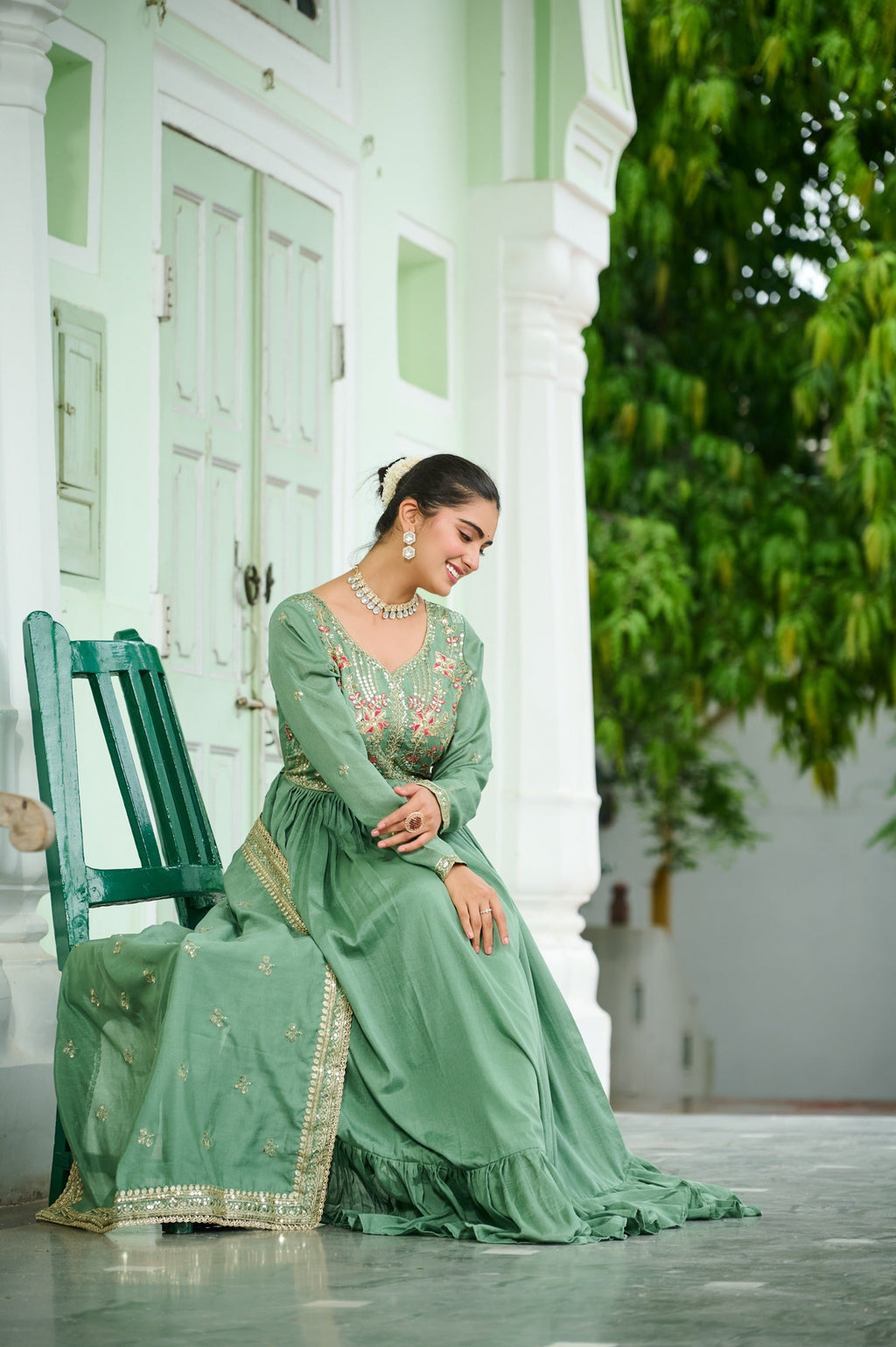 Evanik Designer Vichitra Silk with Rich Embroidered Zari & Thread Work Gown Dupatta - Distacart