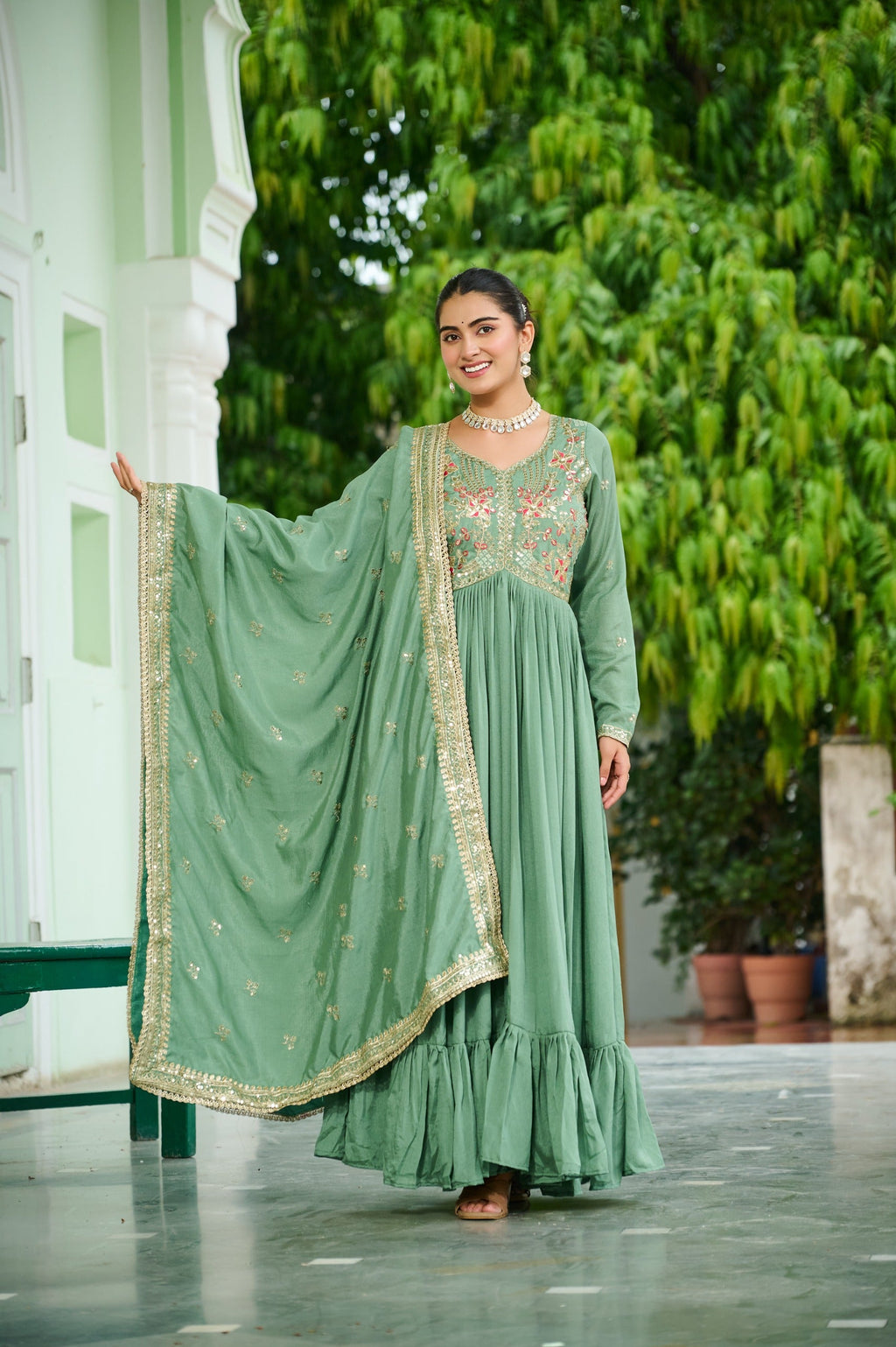 Evanik Designer Vichitra Silk with Rich Embroidered Zari & Thread Work Gown Dupatta - Distacart
