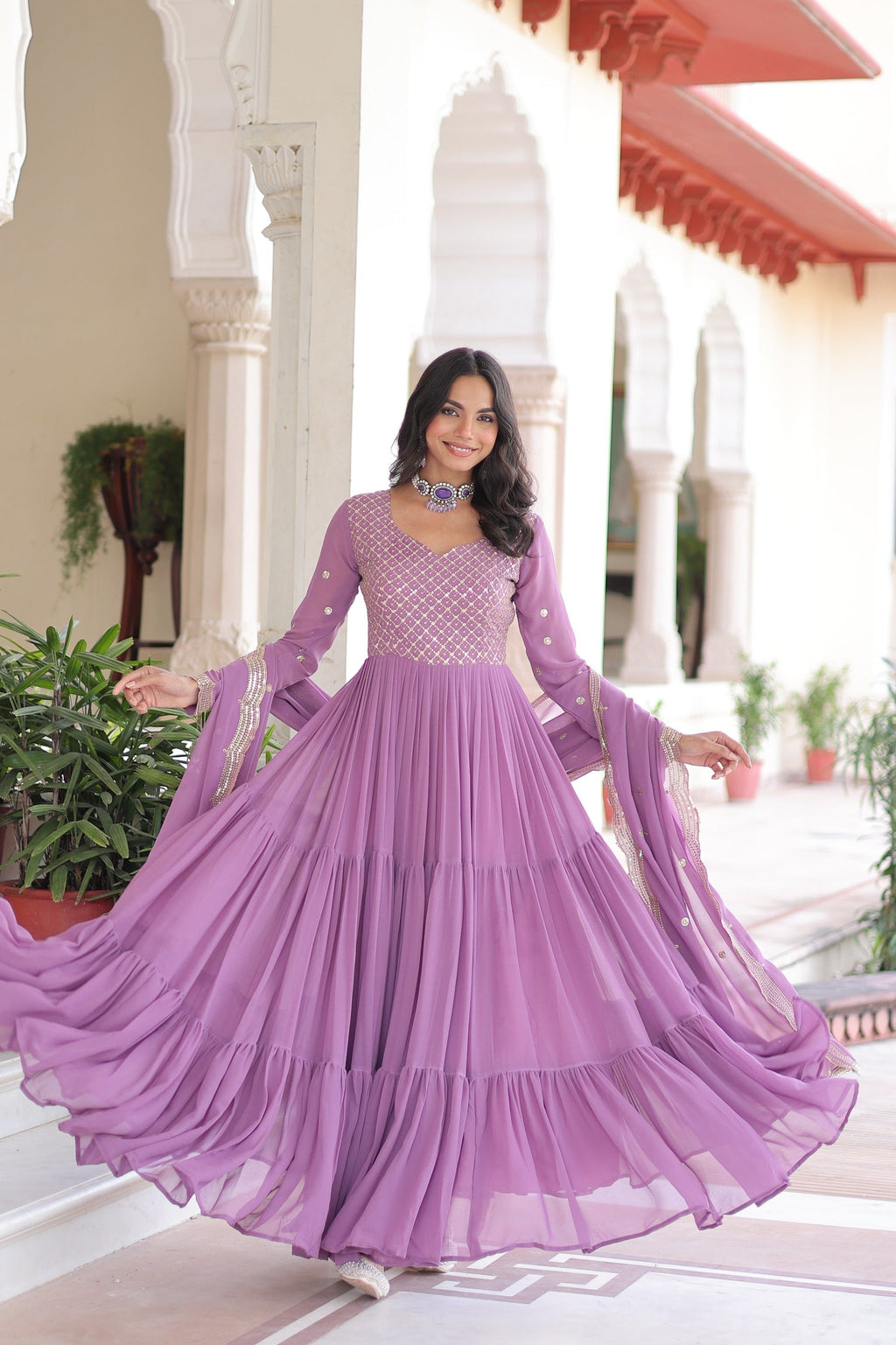 Evanik Onionpink Faux Georgette With Sequins & Zari Embroidered Work Gown Dupatta - Distacart